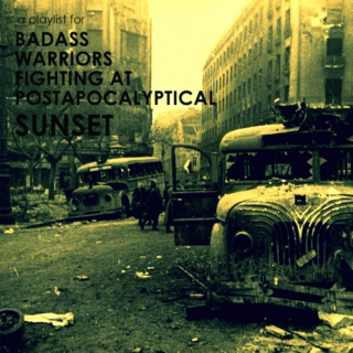 Badass Warriors Fighting at Postapocalyptical Sunset