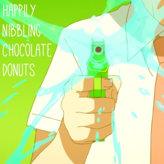 happily nibbling chocolate donuts