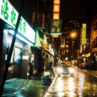 city lights, rainy night.