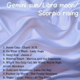 Gemini sun/Libra moon/Scorpio rising
