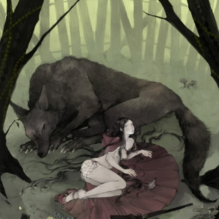 Hungry wolf and red riding hood sitting under a tree K.I.S.S.I.N.G.