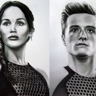 Katniss and Peeta, the star crossed lovers.
