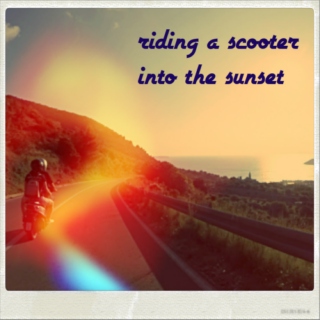 riding a scooter into the sunset 