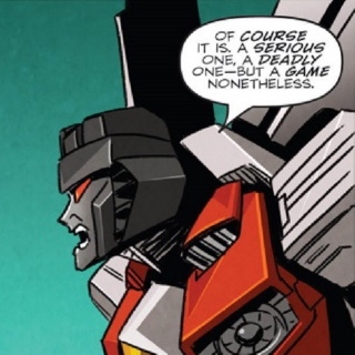 Starscream features a "Battle Call" voice-activated gimmick, wherein if you flip the on-switch on his shoulder and shout really loud at him the electronic light in his chest glows slightly brighter and sometimes flashes